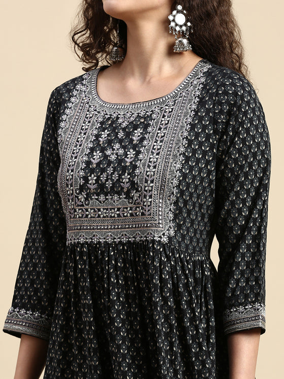 Elagent Embroidered and Printed Black Umbrella Kurti EK17