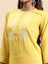 Cotton Embroidered Mandarin Collar Straight Cut Lemon Yellow Kurti EK24