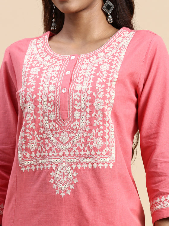 Cotton Embroidered Round Neck Straight Cut Pink Kurti EK27