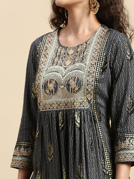 Elegant Embroidered and Printed Black & Sandal Straight Cut Kurti EK19