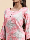Cotton Pink & Grey Round Neck Straight Cut Printed Kurti PK32