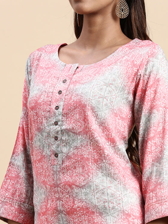 Cotton Pink & Grey Round Neck Straight Cut Printed Kurti PK32