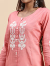 Cotton Embroidered Round Neck Straight Cut Pink Kurti EK33