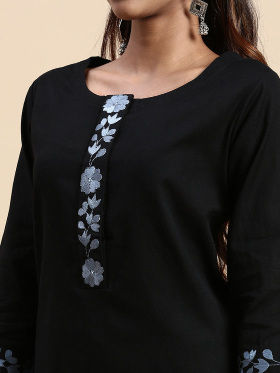 Cotton Embroidered Round Neck Straight Cut Black & Blue Kurti Set EKS01
