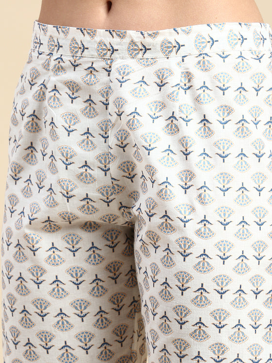 Beautiful White with Blue Printed & Embroidered Kurti Set PKS03