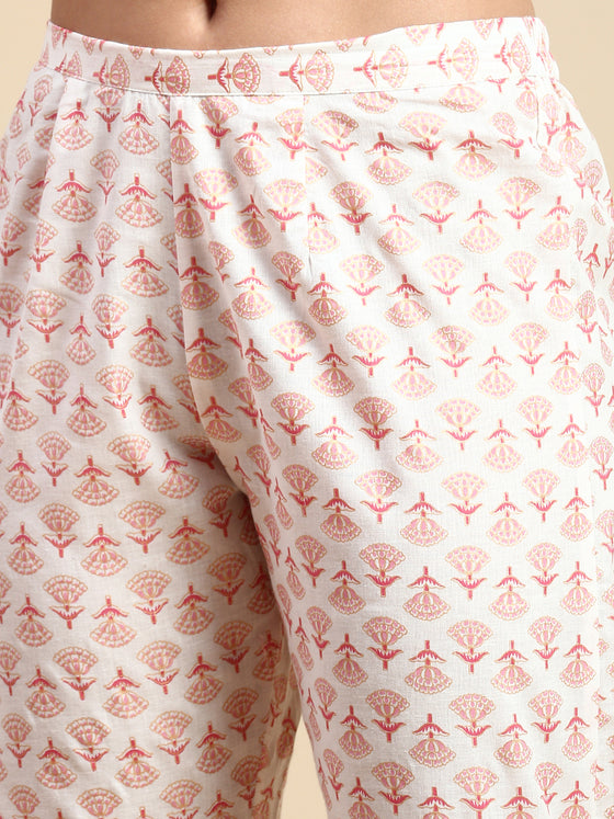 Beautiful White with Pink Printed & Embroidered Kurti Set PKS06