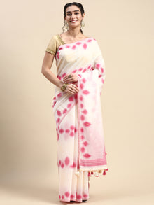  Dazzling Semi Linen Pink & Off White Butta Printed Embroidery Saree SLPE11