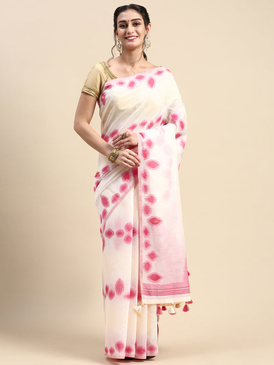 Dazzling Semi Linen Pink & Off White Butta Printed Embroidery Saree SLPE11