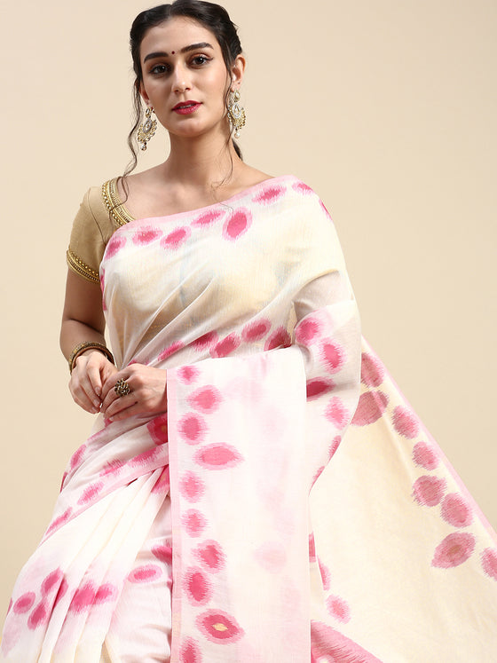 Dazzling Semi Linen Pink & Off White Butta Printed Embroidery Saree SLPE11