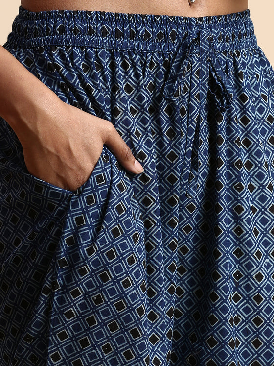 Cotton Embroidered Round Neck Straight Cut Black & Blue Kurti Set EKS01