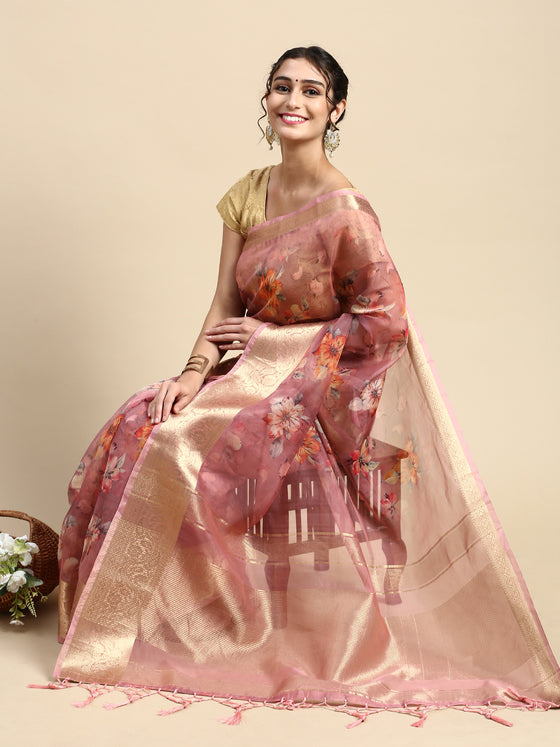 Semi Chanderi Pink Flower Printed with Jari Border Saree SOS06