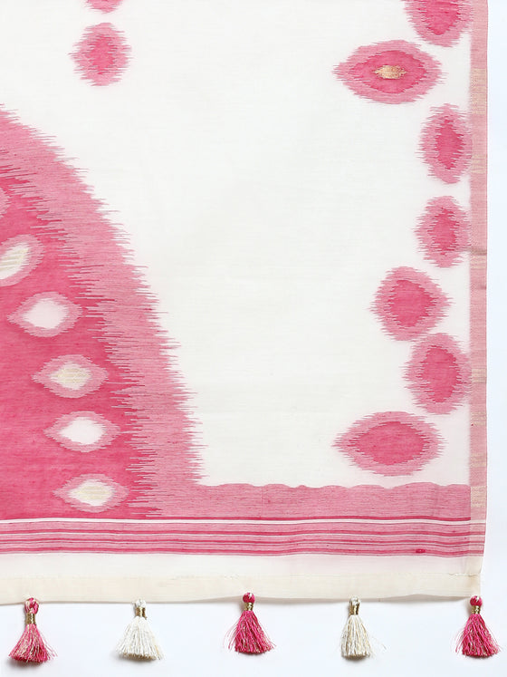 Dazzling Semi Linen Pink & Off White Butta Printed Embroidery Saree SLPE11