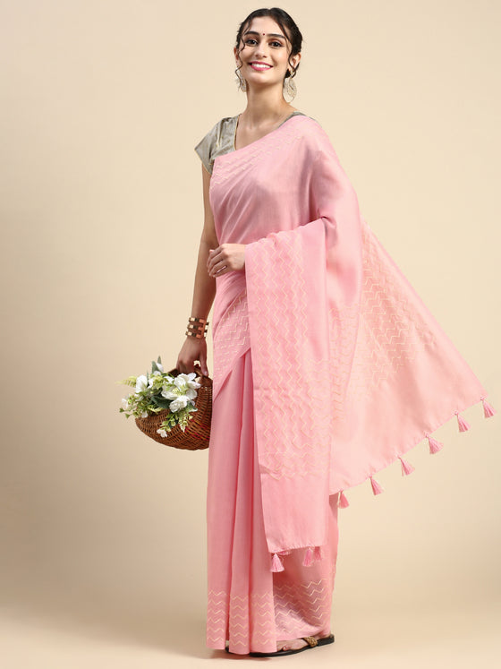 Elegant Semi Linen Plain Pink Saree SL50