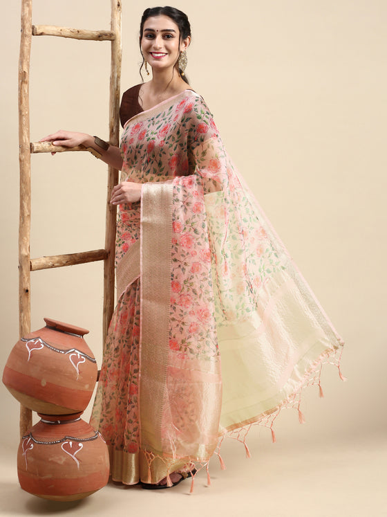 Elegant Semi Linen Flower Digital Light Pink Saree SL62