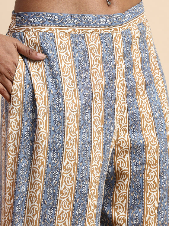 Cotton Blue & Brown Collar Neck Straight Cut Printed Kurti Set PKS10