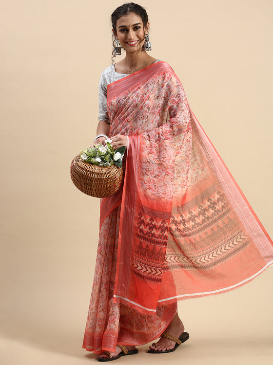 Digital Print Orange & Pink Mixed Semi Linen Saree SL12