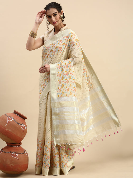 Semi Cotton Printed Saree Sandal and Pink SCS09