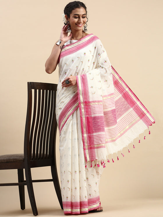 Semi Cotton Printed Saree White and Pink SCS08