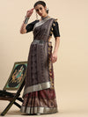 Semi Tussar Printed Saree Black with Tassels STP06