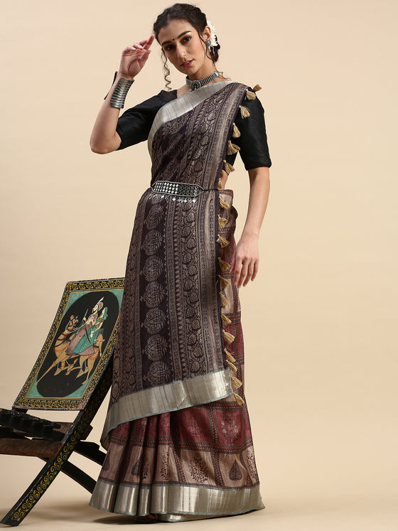 Semi Tussar Printed Saree Black with Tassels STP06