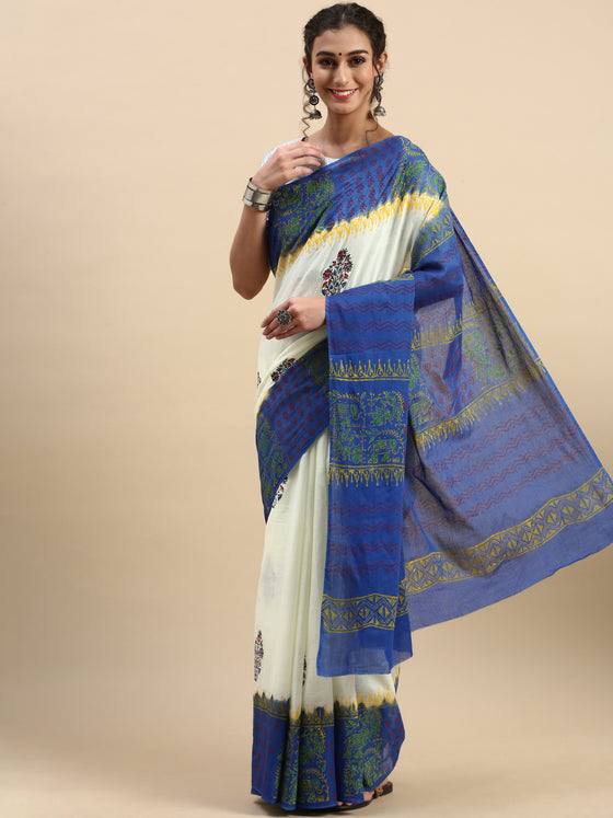 Semi Cotton Printed Saree White and Blue SCS11