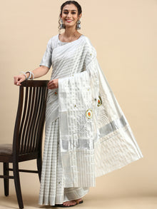  Kerala Grey Embroidery Saree with Silver Zari Border KS77