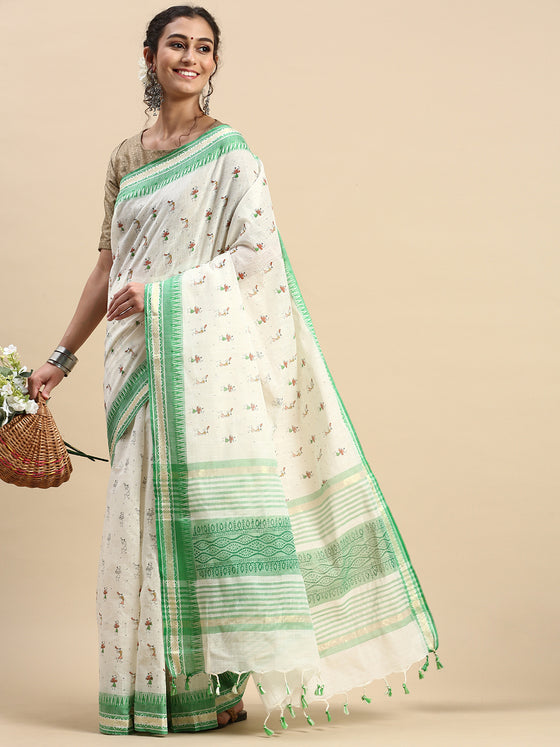 Semi Cotton Printed Saree White and Green SCS03