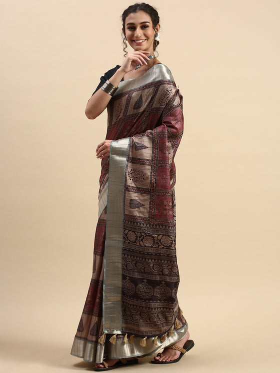 Semi Tussar Printed Saree Black with Tassels STP06