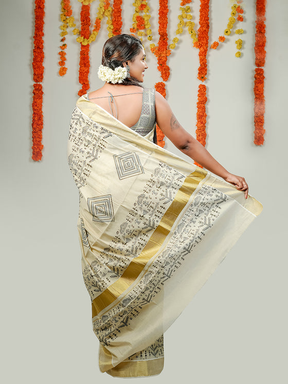 Womens Kerala Tissue Printed Gold Jari Border Saree OKS33 Onam Collection