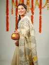 Womens Kerala Tissue Printed Gold Jari Border Saree OKS33 Onam Collection