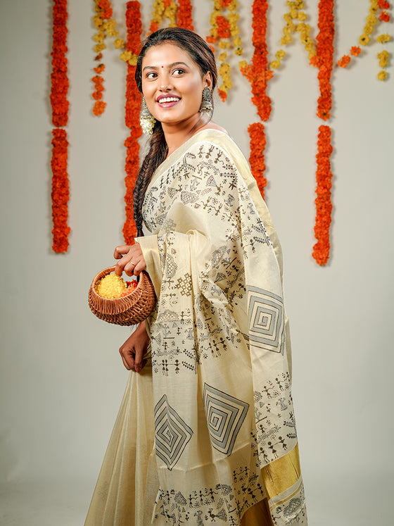 Womens Kerala Tissue Printed Gold Jari Border Saree OKS33 Onam Collection