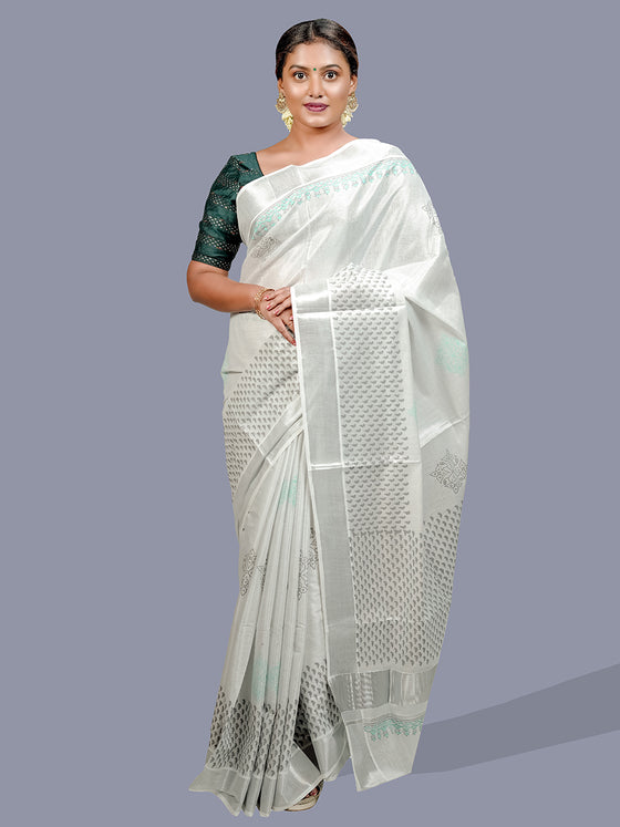 Womens Kerala Tissue Printed Silver Jari Border Saree OKS28 Onam Collection