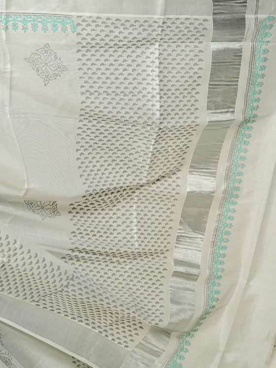 Womens Kerala Tissue Printed Silver Jari Border Saree OKS28 Onam Collection