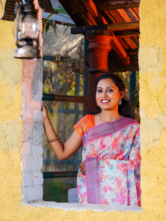 Digital Print Blue & Pink Mixed Colour Semi Linen Saree SL13