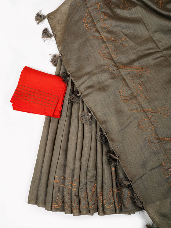 Bhagalpuri Jute Embroidery Saree Grey BJS30