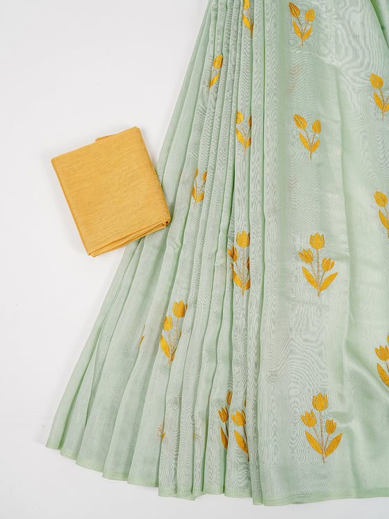 Bhagalpuri Jute Embroidery Saree Pista Green BJS25
