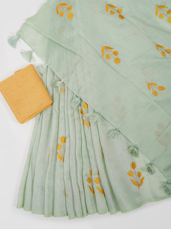 Bhagalpuri Jute Embroidery Saree Pista Green BJS25