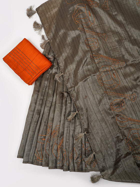 Bhagalpuri Jute Embroidery Saree Grey BJS35