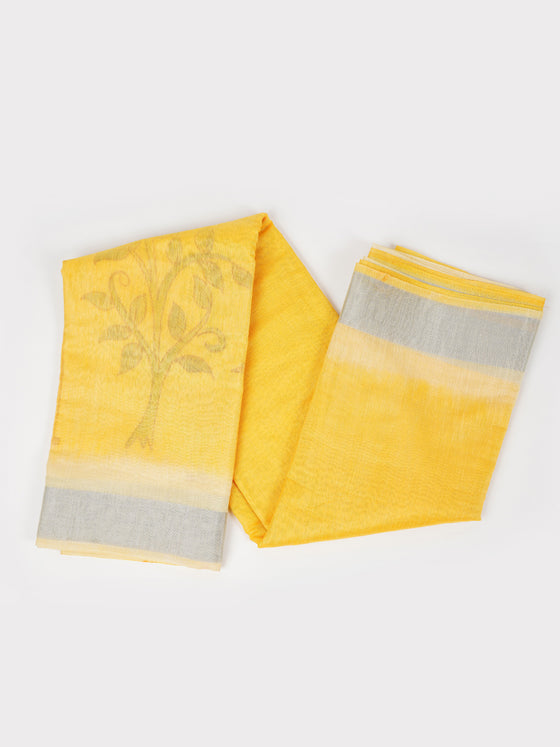 Bhagalpuri Jute Flower Design Printed Yellow Saree BJS42