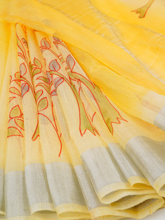 Bhagalpuri Jute Flower Design Printed Yellow Saree BJS42