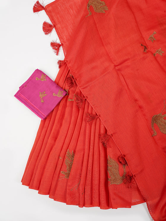 Bhagalpuri Jute Embroidery Saree Red BJS39