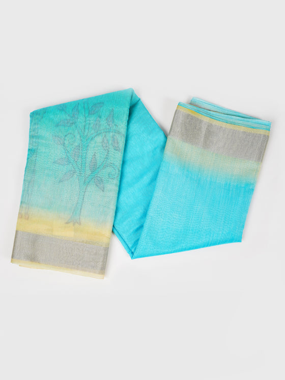 Bhagalpuri Jute Flower Design Printed Blue Saree BJS43