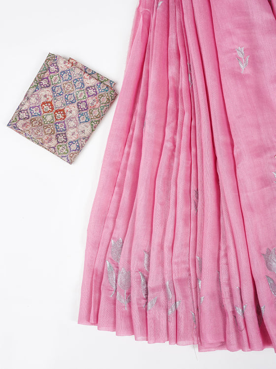 Bhagalpuri Jute Flower Embroidery Saree Pink BJS29