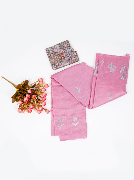 Bhagalpuri Jute Flower Embroidery Saree Pink BJS29