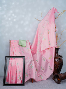  Womens Bhagalpuri Jute Flower Embroidery Saree Pink BJS26