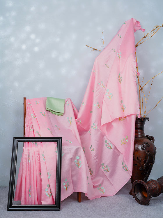 Womens Bhagalpuri Jute Flower Embroidery Saree Pink BJS26