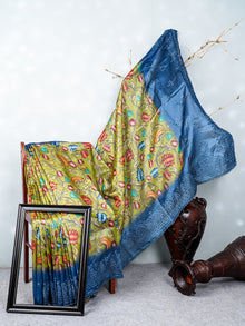  Semi Raw Silk Green and Blue Printed Saree with Embroidered Border SRS19