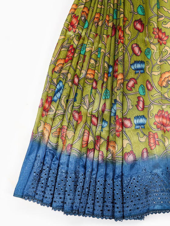 Semi Raw Silk Green and Blue Printed Saree with Embroidered Border SRS19