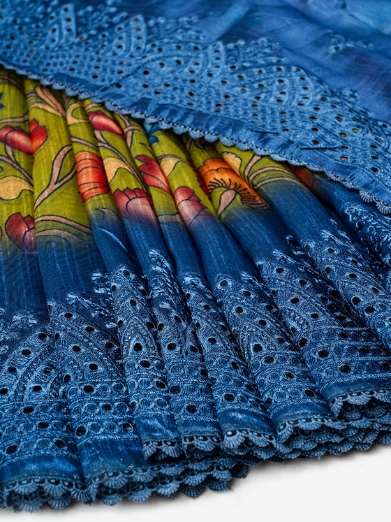 Semi Raw Silk Green and Blue Printed Saree with Embroidered Border SRS19