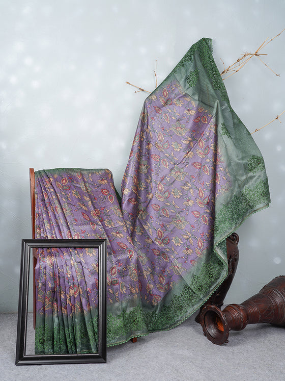 Semi Raw Silk Purple and Green Printed Saree with Embroidered Border SRS22
